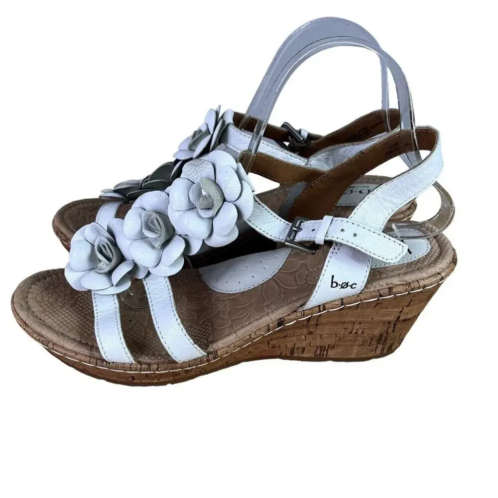 BOC Cornelis Wedge Sandals 10M White Floral Adjustable Ankle Strap Leather Upper